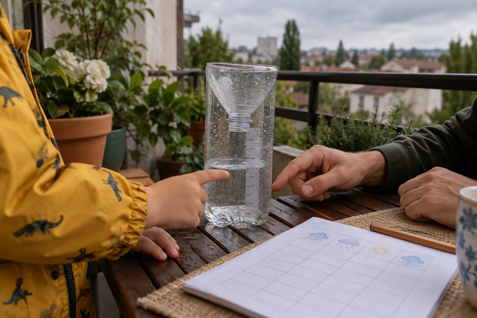 Pluviometru cu copilul: cum măsori ploaia cu o sticlă și un jurnal